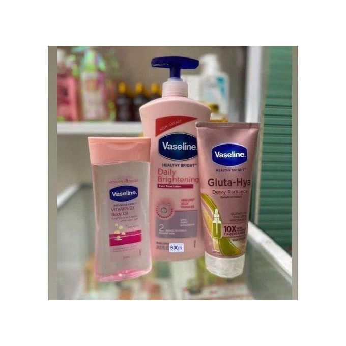 Vaseline 3 In 1 Brightening Package: Intensive Care Vitamin B3 Body Oil + Daily Brightening Even Tone Lotion + Gluta-Hya Dewy Radiance Serum Burst Lotion