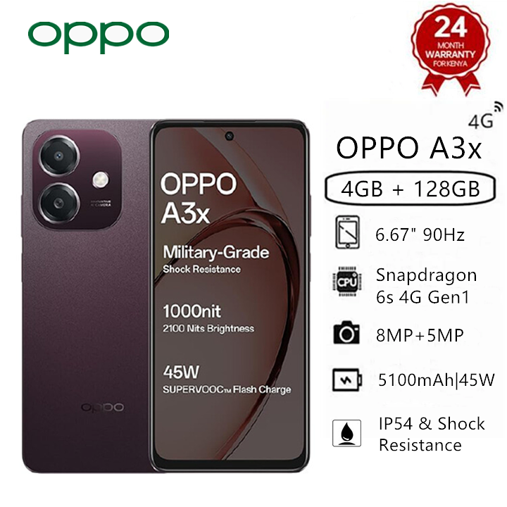 Brand New OPPO A3x 4GB RAM+ 128GB ROM 6.67" 90Hz Snapdragon 6s 4G Gen1 Android 14 45W 5100mAh Type-C Charge Smart Phones Side Fingerprint and Face Unlock phone