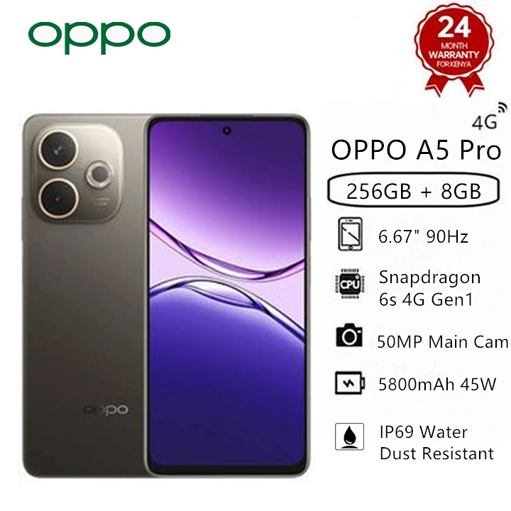 Brand New OPPO A5 Pro 256GB+8GB 6.67" 90Hz 45W 5800mAh Large Battery IP69 Water Dust Resistance Snapdragon 6s 4G Gen1 50MP Android 14 Type-C Charge Smart Phones Side Fingerprint and Face Unlock phone