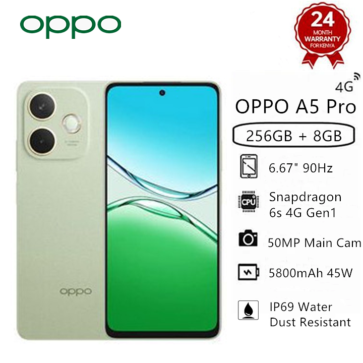 Brand New OPPO A5 Pro 256GB+8GB 6.67" 90Hz 45W 5800mAh Large Battery IP69 Water Dust Resistance Snapdragon 6s 4G Gen1 50MP Android 14 Type-C Charge Smart Phones Side Fingerprint and Face Unlock phone
