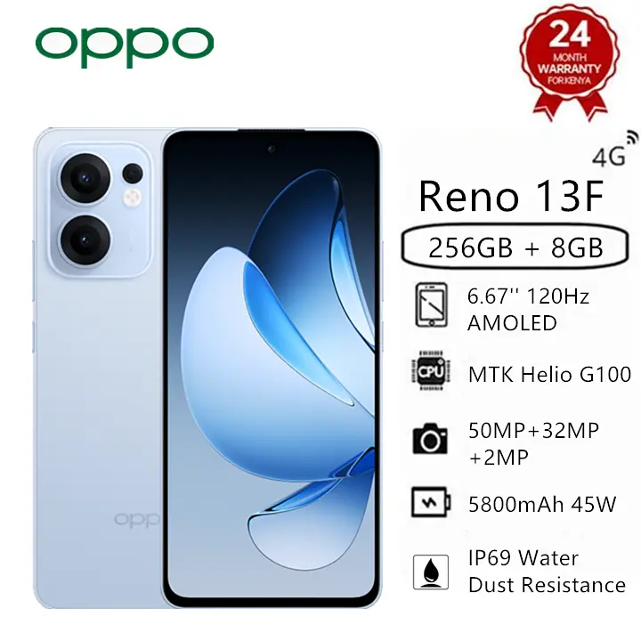 Brand New OPPO Reno13 F 256GB+8GB 6.67" 120Hz AMOLED 50MP Camera MTK Helio G100 45W 5800mAh Android 14 IP69 Water Dust Resistance Dual SIM Smart Phones RENO 13F