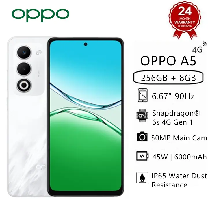 Brand New OPPO A5 256GB+8GB 6.67" 120Hz 45W 6000mAh Large Battery MTK Dimensity 6300 (6 nm) 50MP Android 15 Type-C Charge  IP65 Water Dust Resistance Smart Phones Side Fingerprint Unlock phone