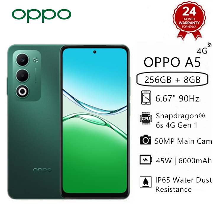 Brand New OPPO A5 256GB+8GB 6.67" 120Hz 45W 6000mAh Large Battery MTK Dimensity 6300 (6 nm) 50MP Android 15 Type-C Charge  IP65 Water Dust Resistance Smart Phones Side Fingerprint Unlock phone