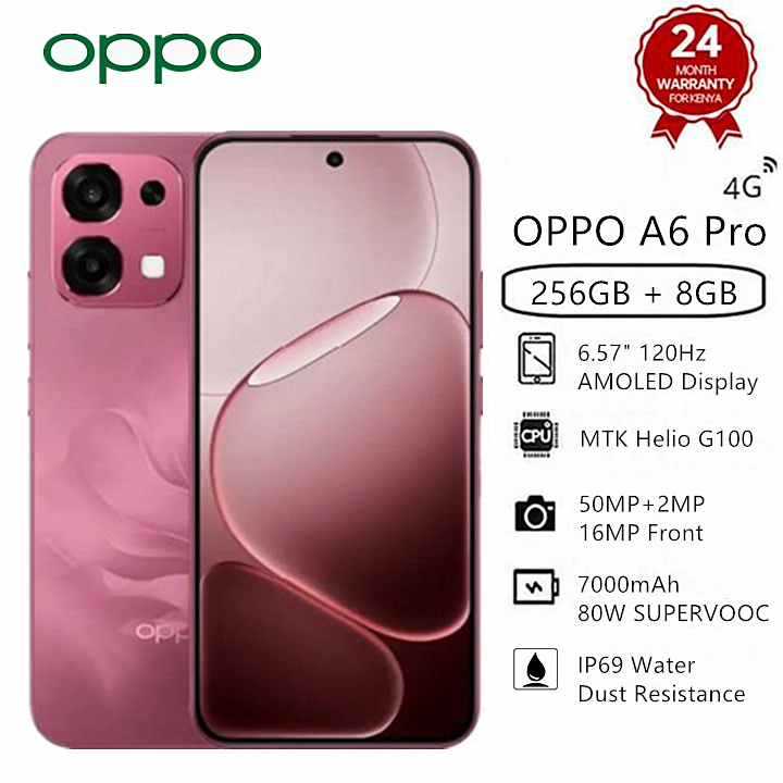 New Arrival OPPO A6 Pro 256GB+8GB 6.57" 120Hz AMOLED Display 7000mAh  80W SUPERVOOCTM Flash Charge 		Mediatek Helio G100 (6nm) IP69 Water Dust Resistance 50MP Android 15 Dual SIM Smart Phone