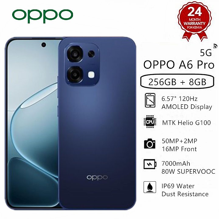 New Arrival OPPO A6 Pro 5G 256GB+8GB 6.57" 120Hz AMOLED Display 6500mAh  80W SUPERVOOCTM Flash Charge 		Mediatek Dimensity 6300 IP69 Water Dust Resistance 50MP Android 15 Dual SIM Smart Phone