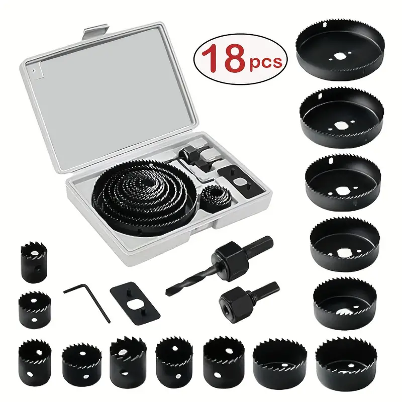 New Arrivals18pcs Hole Saw Set Hole Saw Kit With General Purpose 3/4" To 5"(19-127mm) Saw Blades  Mandrels Drill Bits Installation Plate Hex Key With Storage Case Idear For Wood Plywood PVC Board