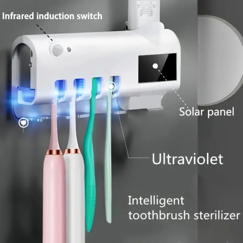 New Arrivals Automatic Toothbrush Steriliser Solar Charge Toothpaste Dispenser for Bathroom Wall Mounted Toothpaste Dispenser UV Toothbrush Holder