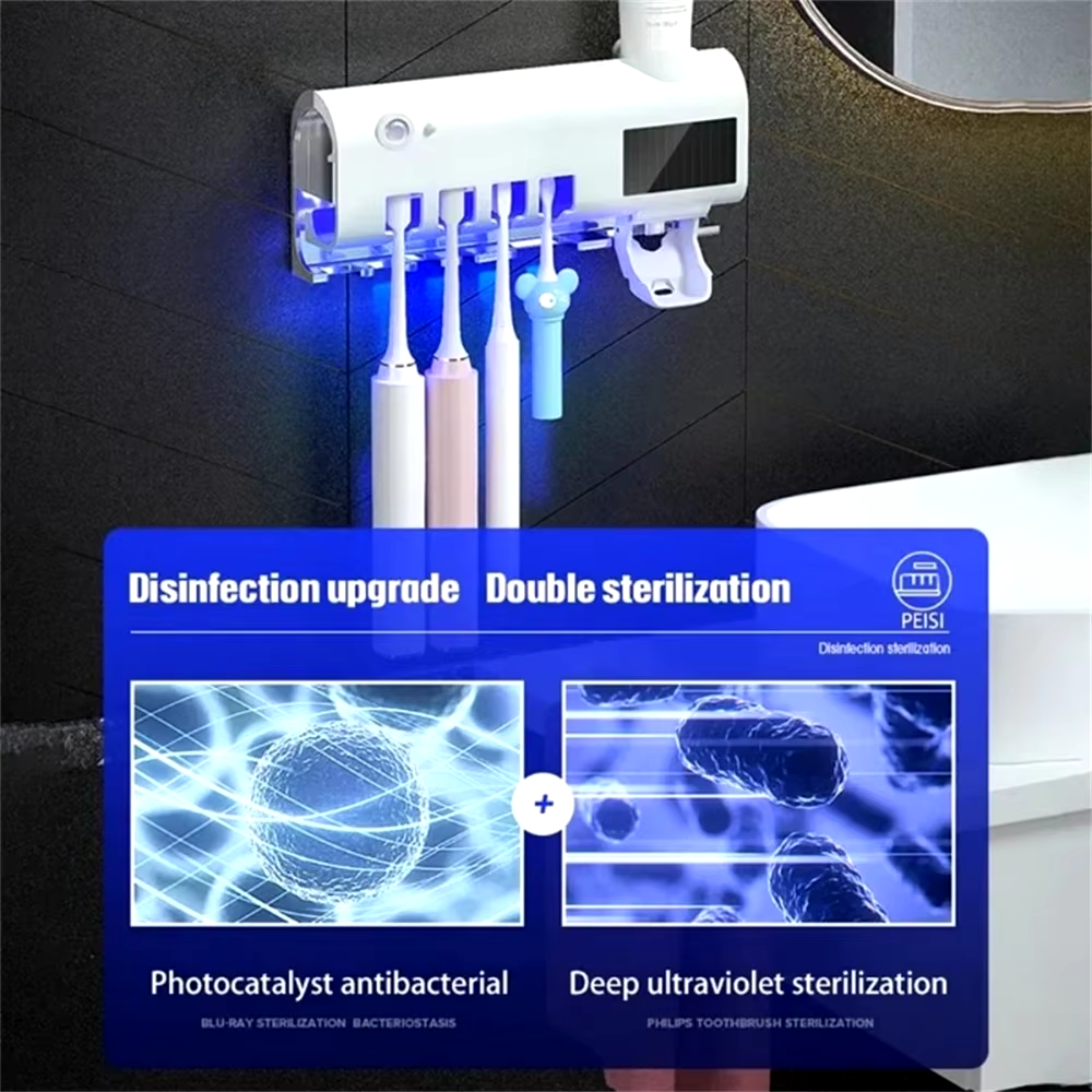 New Arrivals Automatic Toothbrush Steriliser Solar Charge Toothpaste Dispenser for Bathroom Wall Mounted Toothpaste Dispenser UV Toothbrush Holder
