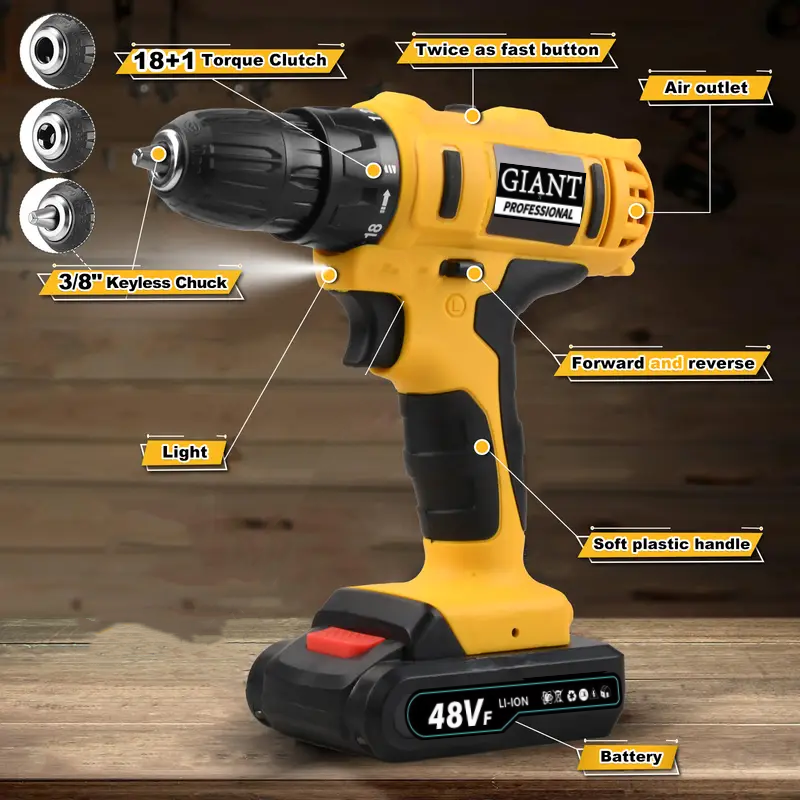 21V Wireless Drill Kit: Comes with 18+1 clutch electric drill bit with 2Ah battery, 3/8 inch keyless chuck, maximum torque 45N·m. 2 variable-speed work lights. 1 battery and quick charger for screwdri