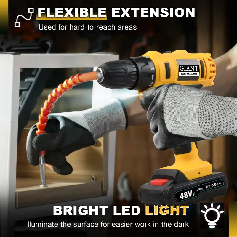 21V Wireless Drill Kit: Comes with 18+1 clutch electric drill bit with 2Ah battery, 3/8 inch keyless chuck, maximum torque 45N·m. 2 variable-speed work lights. 1 battery and quick charger for screwdri