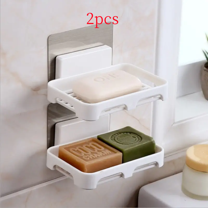 New Arrivals 2PCS Wall Mounted Soap Dishes Rectangular Plastic Soap Holder Bathroom Shower Soap Tray with Drain  Kitchen Sponge Organizer