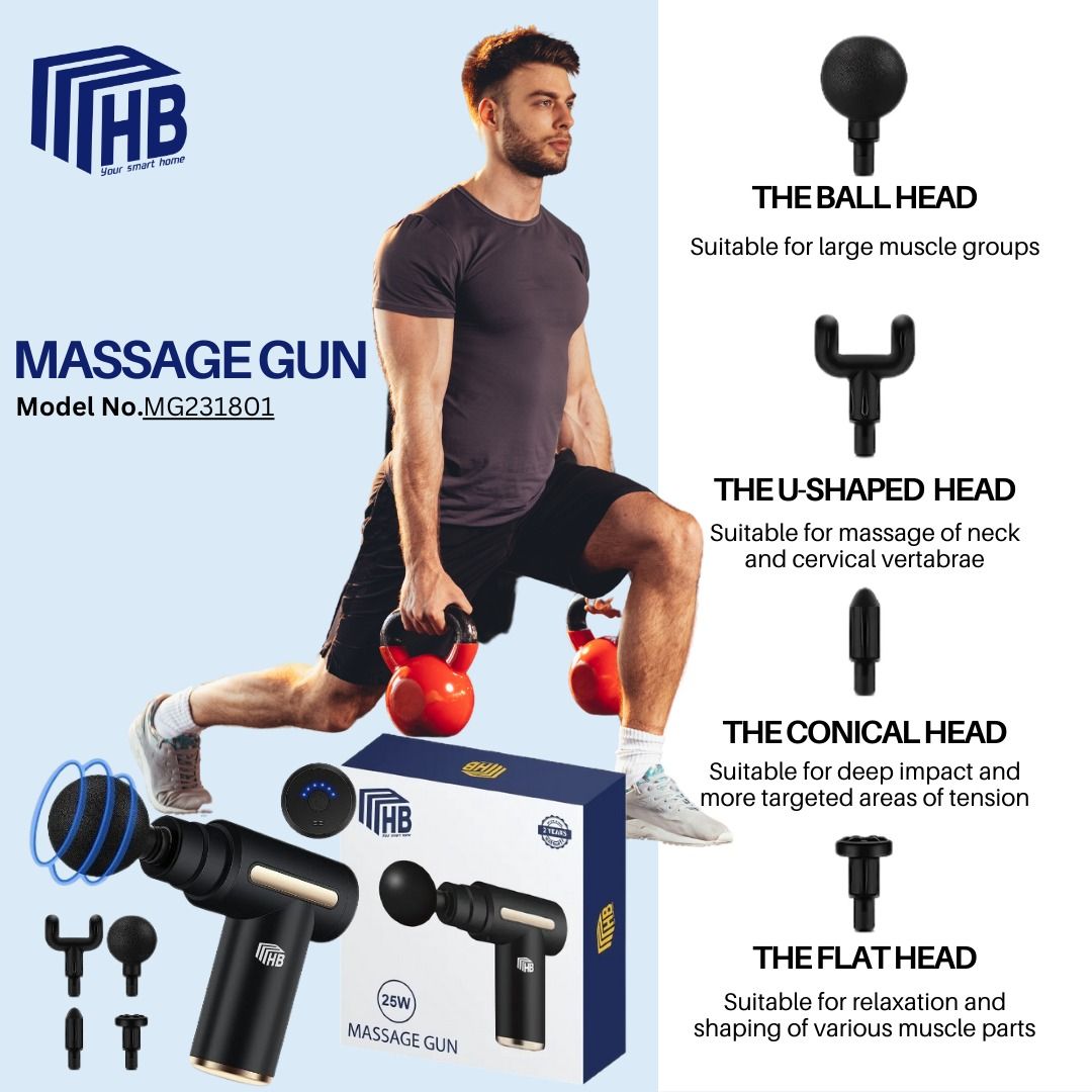 HB Massage Gun MG231801 Percussion Deep Tissues Muscle Massager Gun with 6 Speeds Type-C Charging 35DB Ultra Quiet Portable Electric Handheld Body Massager for Back Neck Pain Relief
