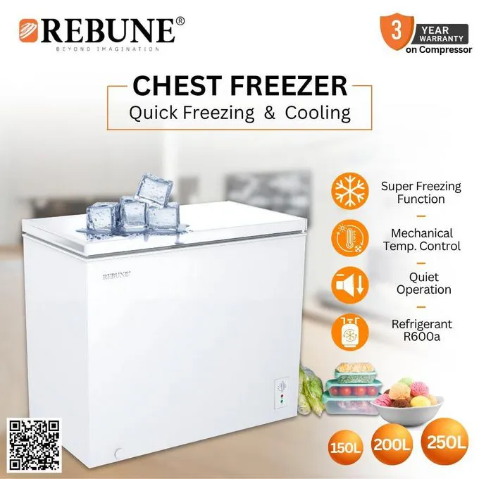 Rebune 150L Chest Freezer RE-BD-150  Energy Efficient Deep Freezer Perfect for Home & Business Use  Fast Cooling Refrigerator