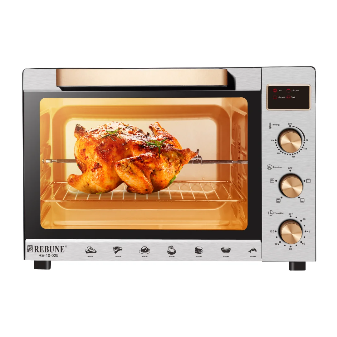 Rebune 60L Electric Oven RE-10-025 1900W LED screen Commercial Kitchen Pizza Cake Baking Machine 110v/220v Electric Oven With Timer glass door Electric Rotisserie Oven Grill With 1 Yr Warranty
