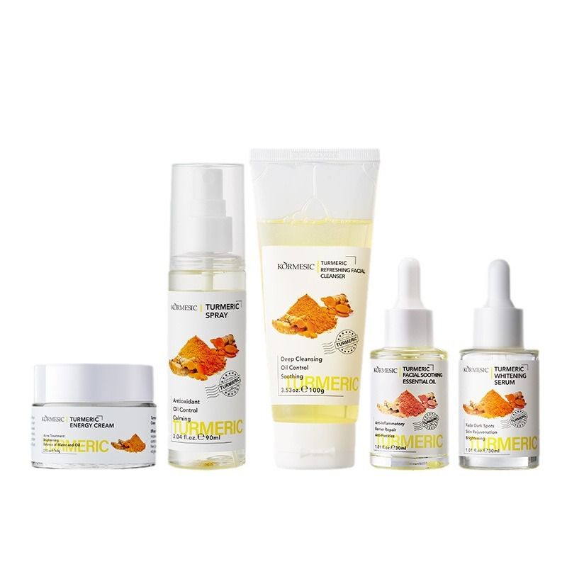 KORMESIC Turmeric 5-Piece Oil-Control & Brightening Skincare System - Antioxidant Cleanser, Balancing Cream Dark Spot Serum + Soothing Oil & Mask  Anti-Inflammatory, Fades Acne Marks & Repairs Barri