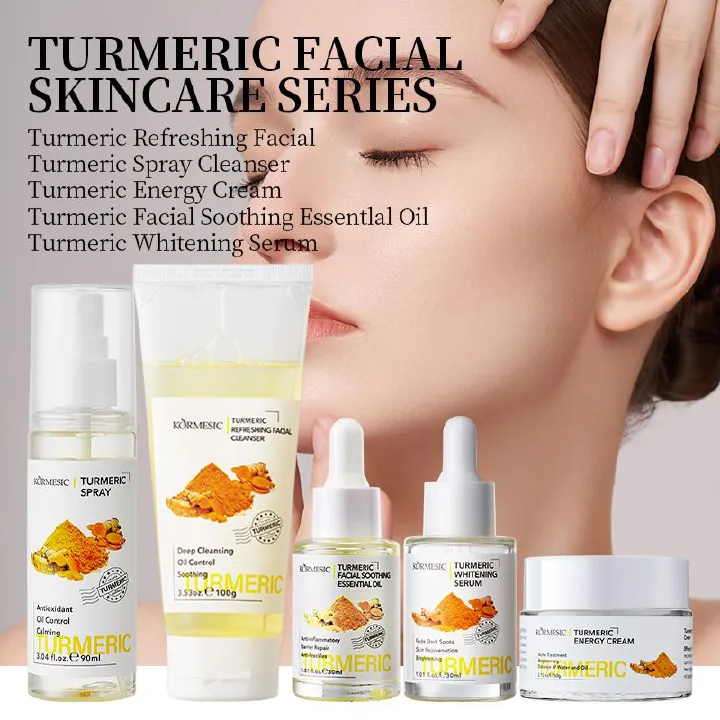 KORMESIC Turmeric 5-Piece Oil-Control & Brightening Skincare System - Antioxidant Cleanser, Balancing Cream Dark Spot Serum + Soothing Oil & Mask  Anti-Inflammatory, Fades Acne Marks & Repairs Barri