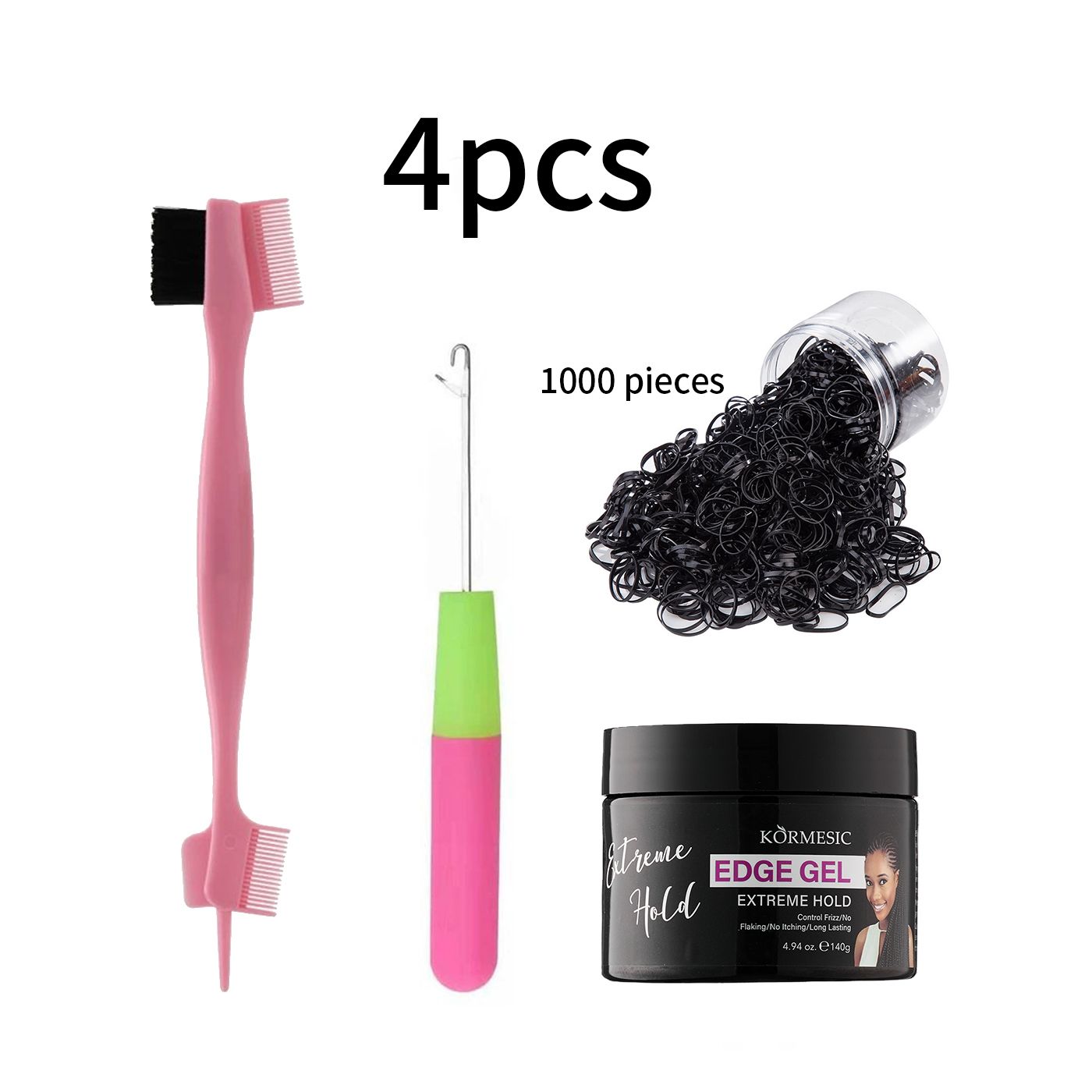 Complete Hair Styling Kit - 4 Pieces Including Edge Brush, Crochet Needle, 1000 Hair Bands & Edge Gel Hair braiding maintain dreadlocks Hair styling