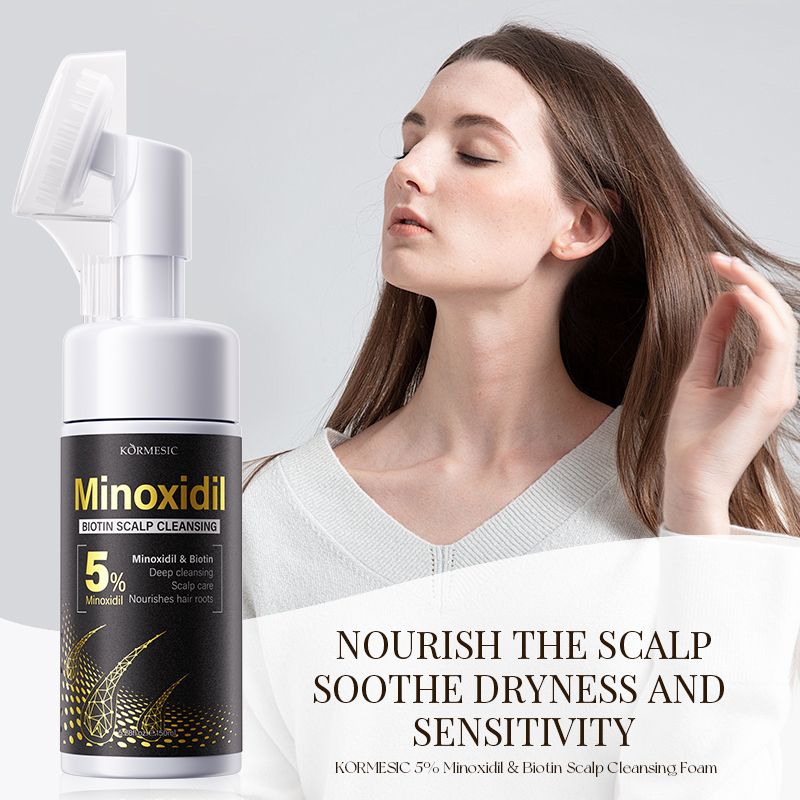 KORMESIC 5% Minoxidil & Biotin Scalp Cleansing Foam with Silicone Brush | All-in-One Anti-Hair Loss Treatment to Deeply Cleanse, Unclog Pores, Soothe Sensitivity & Nourish Roots