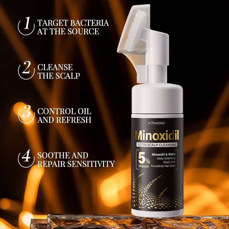 KORMESIC 5% Minoxidil & Biotin Scalp Cleansing Foam with Silicone Brush | All-in-One Anti-Hair Loss Treatment to Deeply Cleanse, Unclog Pores, Soothe Sensitivity & Nourish Roots