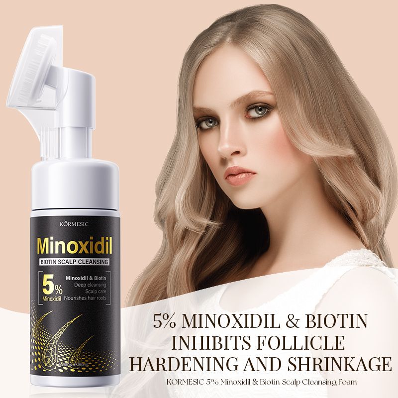KORMESIC 5% Minoxidil & Biotin Scalp Cleansing Foam with Silicone Brush | All-in-One Anti-Hair Loss Treatment to Deeply Cleanse, Unclog Pores, Soothe Sensitivity & Nourish Roots