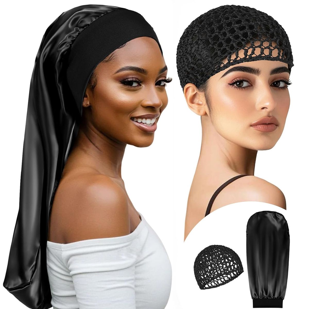 Satin Sleeping Bonnet SuitHeadscarf Hat Headwraps Women Curly Springy Hair Wrap Silk Shower Cap Head Scarf Headwear Night Sleep Hat Adjust Head Cover Styling Accessories Soft Elastic Band Wide-Brimmed