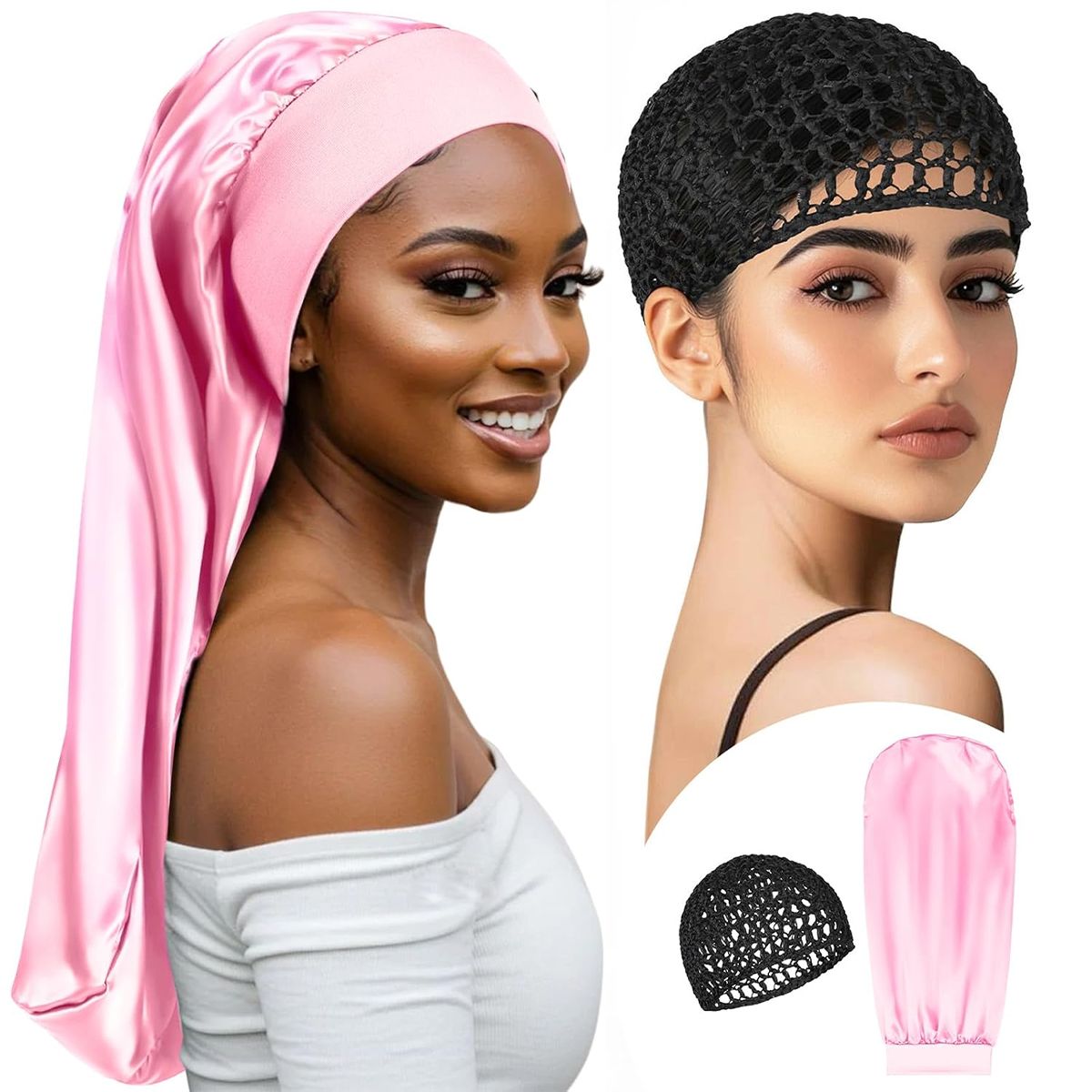 Satin Sleeping Bonnet SuitHeadscarf Hat Headwraps Women Curly Springy Hair Wrap Silk Shower Cap Head Scarf Headwear Night Sleep Hat Adjust Head Cover Styling Accessories Soft Elastic Band Wide-Brimmed