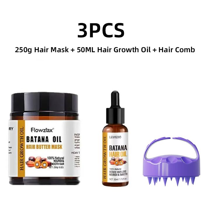 Batana Oil 50ml Hair Repair Serum, Batana Oil Hair Mask & Silicone Scalp Massage Brush – 2-in-1 Wet/Dry Shampoo Comb for Damaged Hair Care