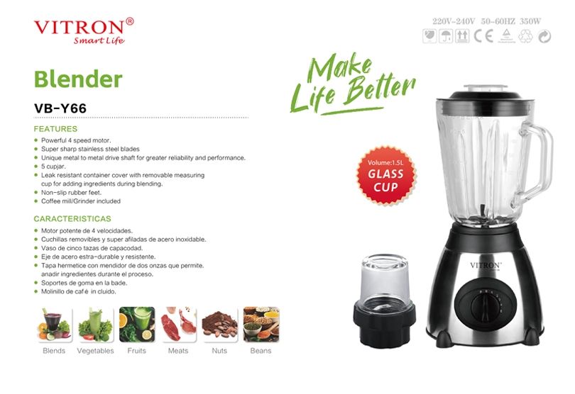 Vitron VB-Y66 Blender Powerful 2 In 1 with grinder and 1.5L unbreakable Glass Jar - 1.5L Black 1.5L
