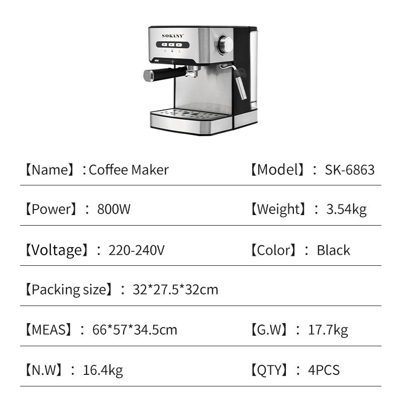 1.6L Sokany Espresso Coffee Maker SK-6863 850W Stainless Steel