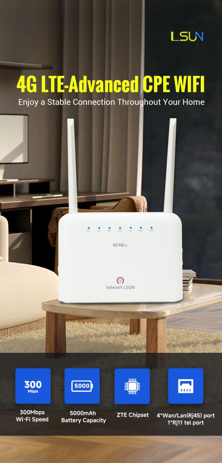 Telenet LSUN MF286N 4G 5G LTE CPE Router with 5000mAh battery cat4 300M 4G 5G Wireless mobile wifi router modem gateway
