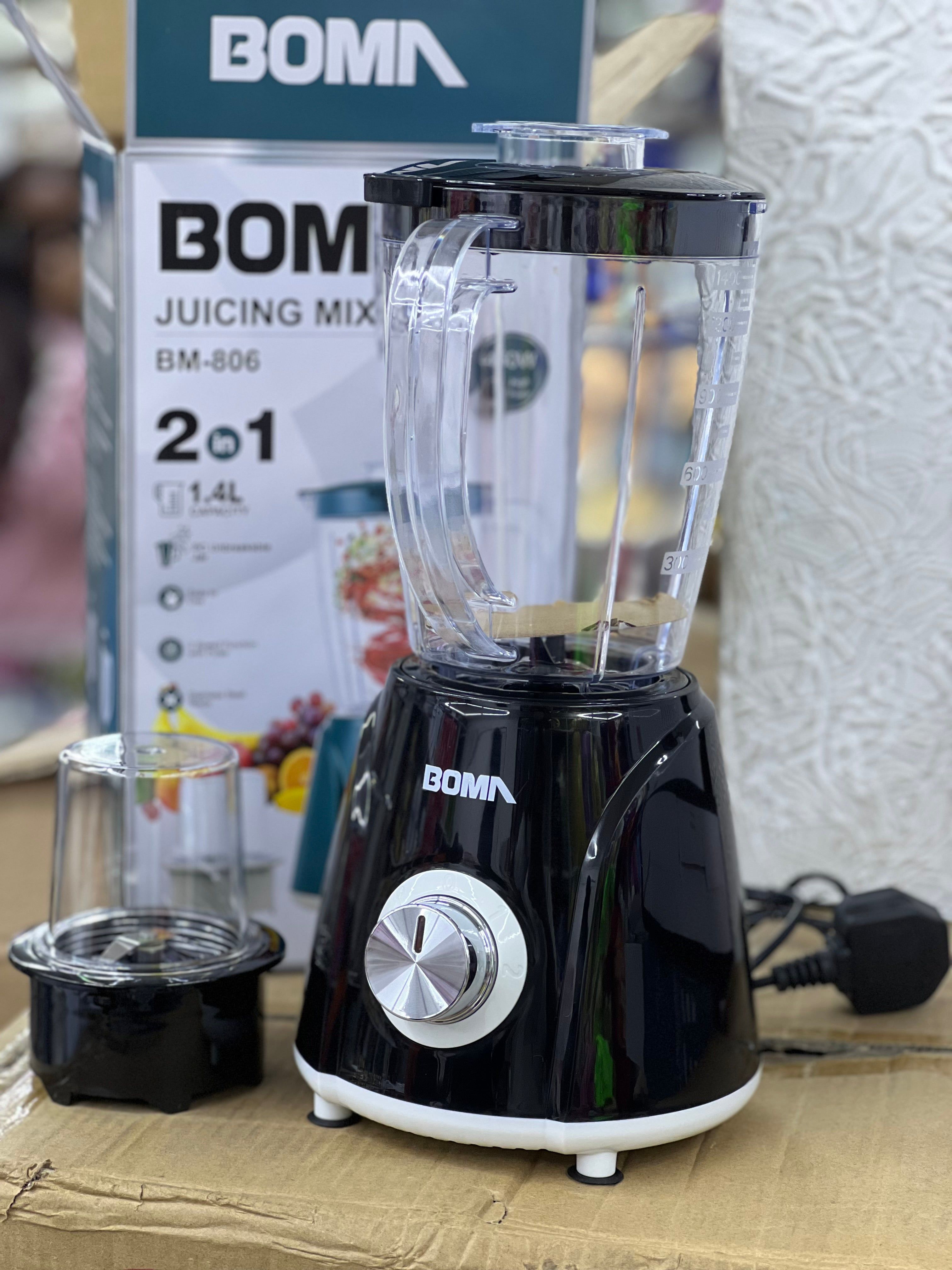 Boma BM-806 blender 2 in 1 with unbreakable 1.4L Jug 450W  Rated Grinding Jar Capacity: 0.2L Rated Power: 450W Unbreakable Jar A quick solution to a healthy meal Keeps you hydrated Portable Low Mainte