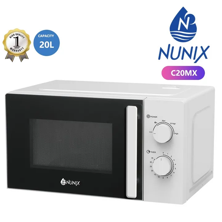 Nunix C20MX Microwave 20L Manual Electric Oven 700W Glass Turntable Operating Frequency 2450MHz 6 Microwave Power Level defrost feature with Child Safety Lock