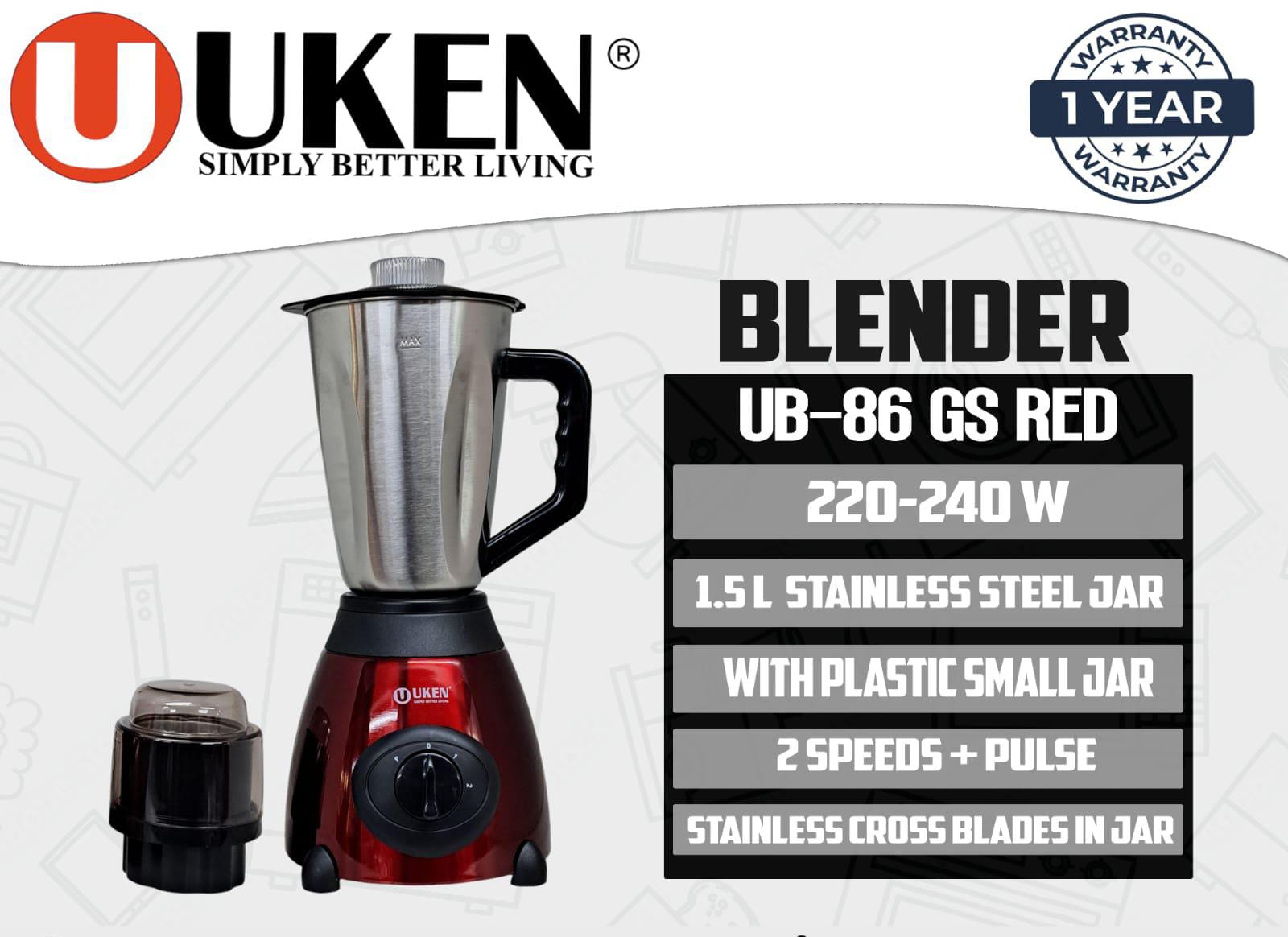 UB-86 stainless steel 2 in 1 Uken blender With 1.5L Stainless steel jar and 400W motor