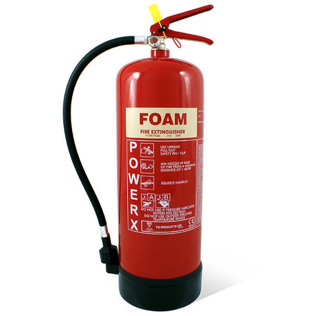 9L Foam Fire Extinguisher for both Class A and B fires which are those that are fuelled by solid materials and flammable liquids,
