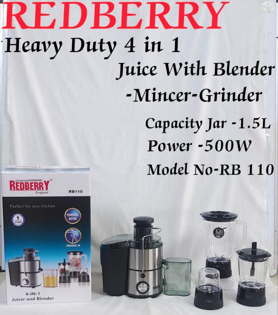 Redberry Juice extractor and blender Heavy duty 4 in 1 Redberry Juicer with blender, meat mincer and grinder and 1.5L Unbreakable Plastic Jar Jar. RB-110 redberry blender with 500W powerful motor