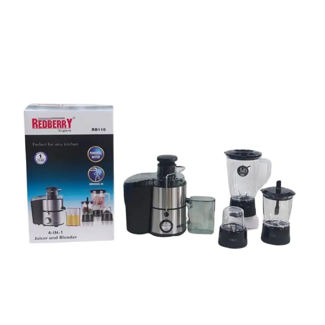 Redberry Juice extractor and blender Heavy duty 4 in 1 Redberry Juicer with blender, meat mincer and grinder and 1.5L Unbreakable Plastic Jar Jar. RB-110 redberry blender with 500W powerful motor