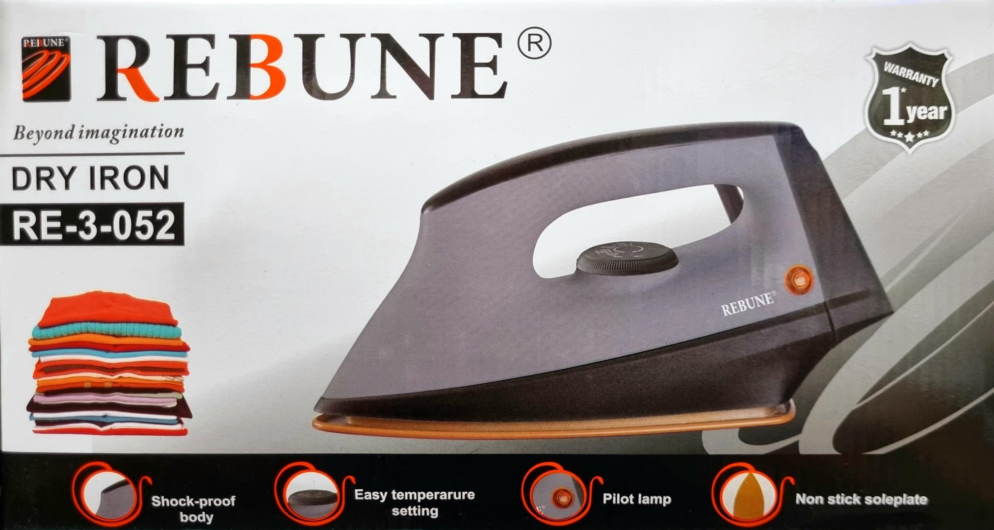 Rebune dry iron RE-3-052 Rebune commercial heavy duty box gray Ceramic gold solplate Silver chrome metal cover 1.6M Cable Cotton wire Auto off thermostat Pilot lamp Power 220-240V 50/60Hz 100