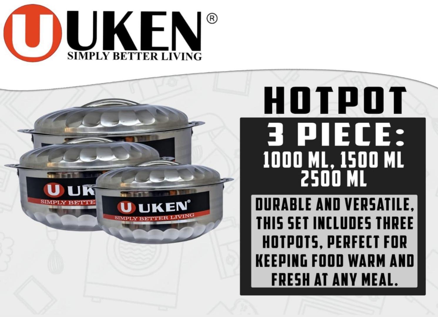 3pcs Stainless steel Uken Hotpots set with double wall insulation for keeping food hot or cold for long. 3pcs Uken Hotpots set consists 1000ml, 1500ml and 2500ml sizes