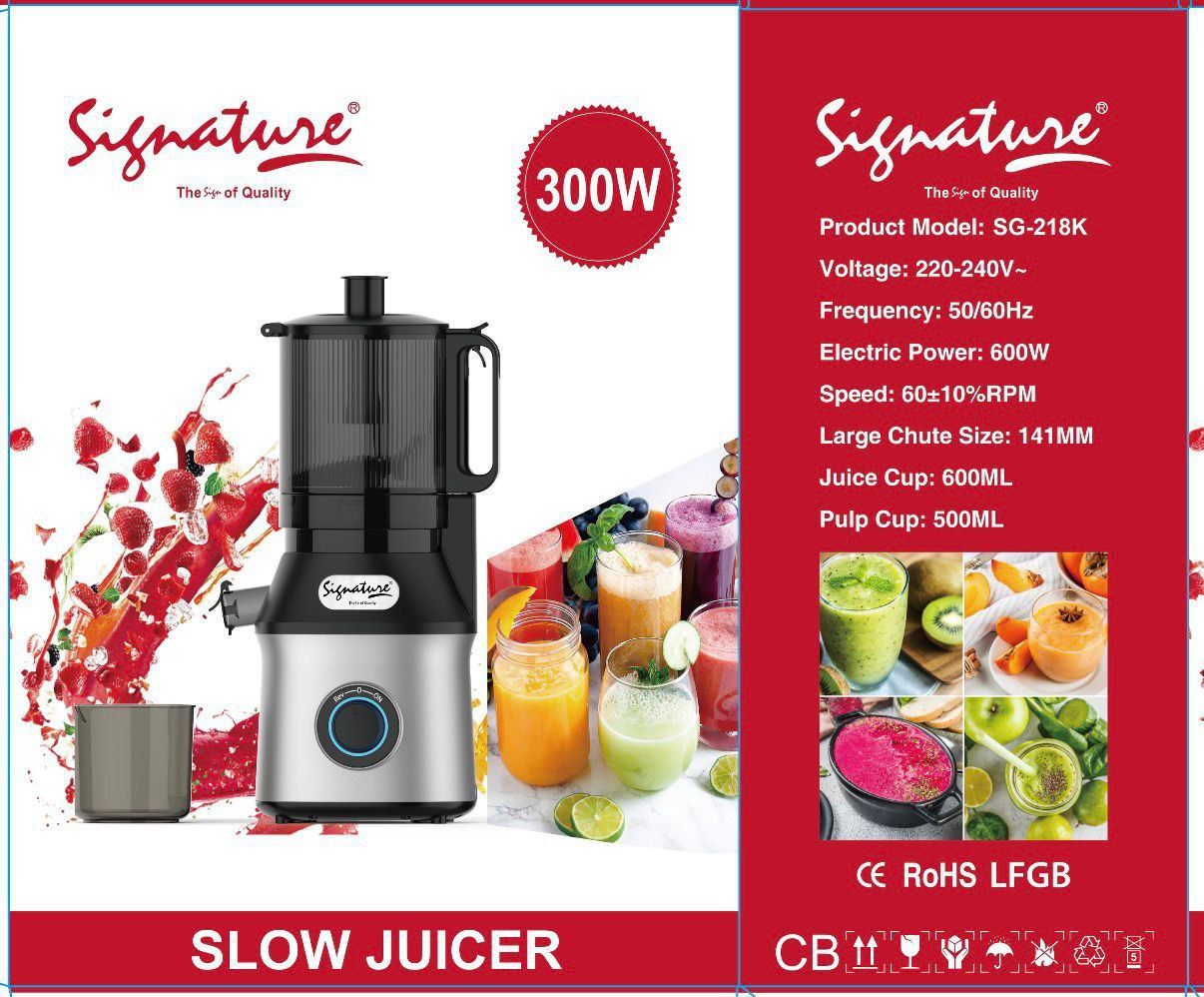 Signature Slow juicer SG-218K With 141mm feeding chute and 300W Powerful motor 600ml Juice cup and 500ml Pulp cup