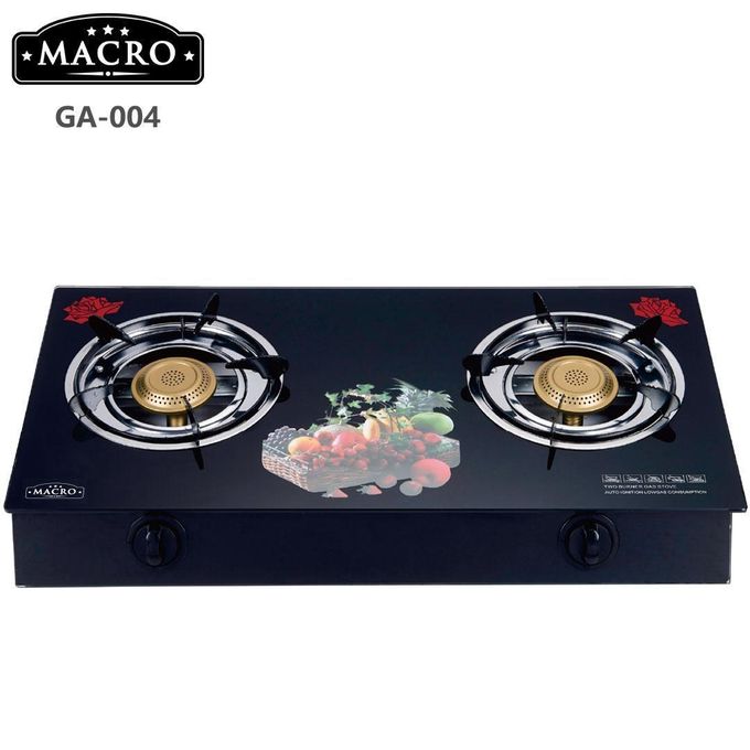 Macro 2 gas burner Glass Tampered Top cooktop with auto ignition and stainless steel body