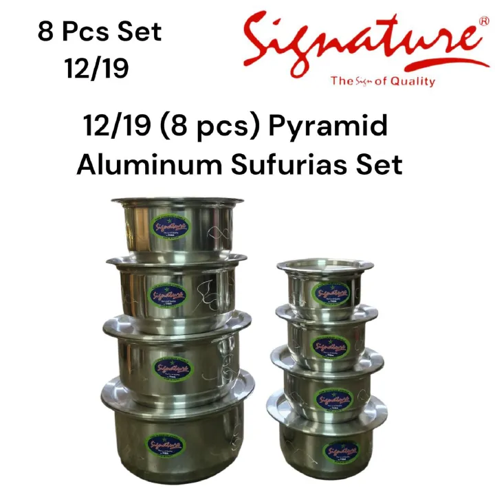 Signature 8pcs pyramid Aluminium Sufurias set 12-19 with lids suitable for all types of cooking firewood, charcoal gas and electric hobs