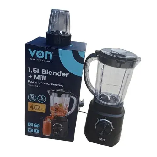 Von VBP-501NLB 2 in 1 blender with 1.5L Unbreakable jar and Mill, features 2 speeds +pulse function 500W black