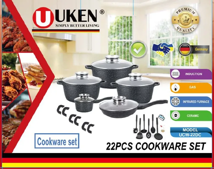 Uken UCW-22DC 22pcs die cast Aluminium induction cookware set with glass lids suitable for induction, gas, infrared furnace and ceramic cooking surfaces granite coated Nonstick Cookware Set