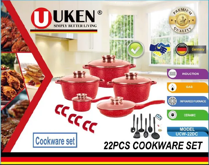 Uken UCW-22DC 22pcs die cast Aluminium induction cookware set with glass lids suitable for induction, gas, infrared furnace and ceramic cooking surfaces granite coated Nonstick Cookware Set