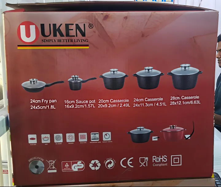 Uken UCW-22DC 22pcs die cast Aluminium induction cookware set with glass lids suitable for induction, gas, infrared furnace and ceramic cooking surfaces granite coated Nonstick Cookware Set