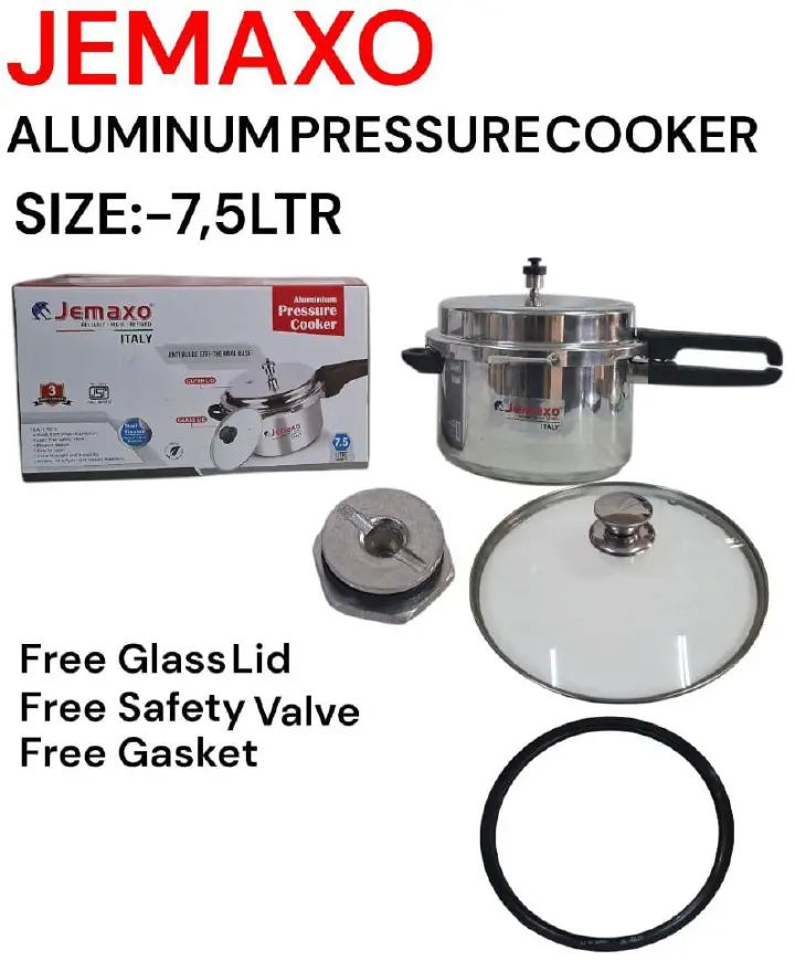 Jemaxo 7.5L aluminum pressure cooker with free glass lid and outer lid made from virgin Aluminium