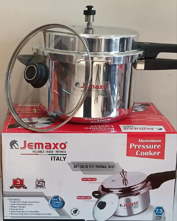 Jemaxo 7.5L aluminum pressure cooker with free glass lid and outer lid made from virgin Aluminium