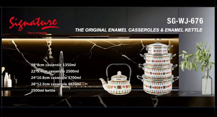 Signature 10pcs Original Enamel Casserole cookware set with 2.5L Enamel Kettle Floral Retro Design