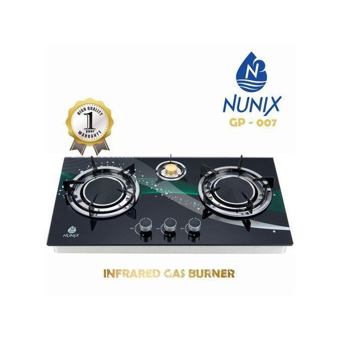 Nunix infrared 3 burner gas stove cooktop with glass tampered with low gas consumption GP-007/004