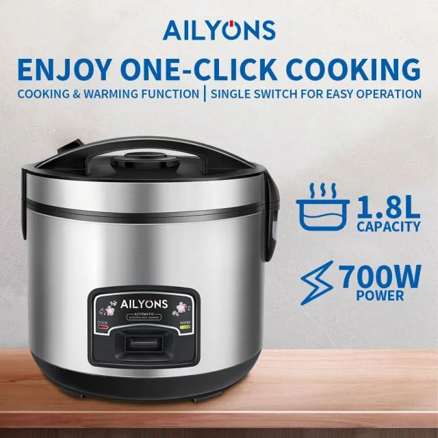 AILYONS DRC18S-AVA1 Deluxe 1.8L Automatic Electric Rice Cooker 3 In 1 with stainless body Silver (1YR WRTY)